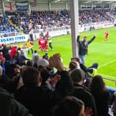 Crawley Town fans celebrate Dom Telford's second goal at Hartlepool