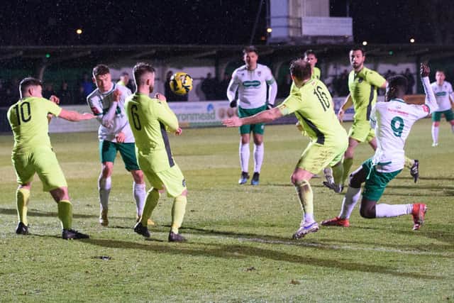 Nathan Odokonyero shoots during Bognor's 6-1 win over Bexhill | Picture: Tommy McMillan