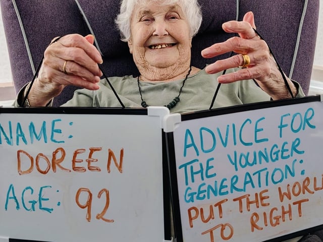 Doreen, 92, says 'Put the world to right'
