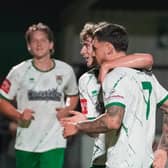 Celebrations follow one of Henry Landers' two goals in the cup win over Worthing Utd | Picture by Lyn and Trev Sports