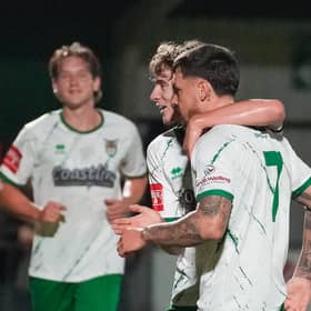 Celebrations follow one of Henry Landers' two goals in the cup win over Worthing Utd | Picture by Lyn and Trev Sports