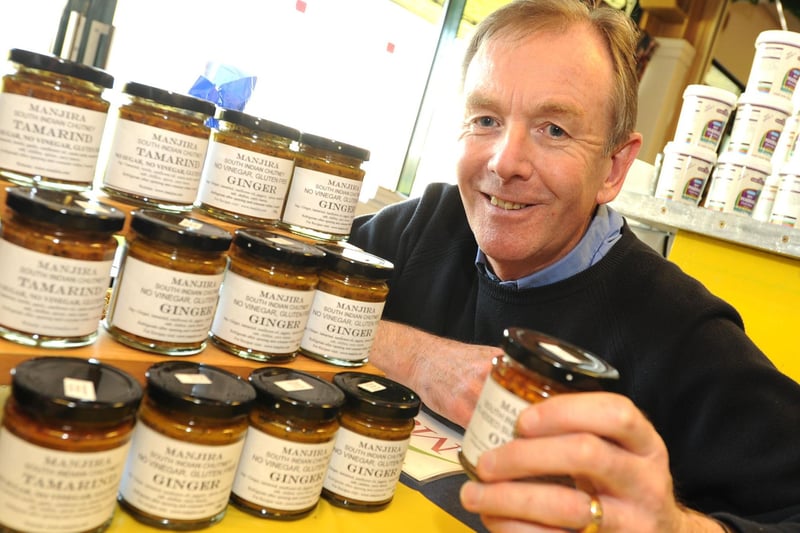 Ardingly Christmas Food and Drink Fest. Gerry Newell from Haywards Heath sells his Manjira Indian Chutneys