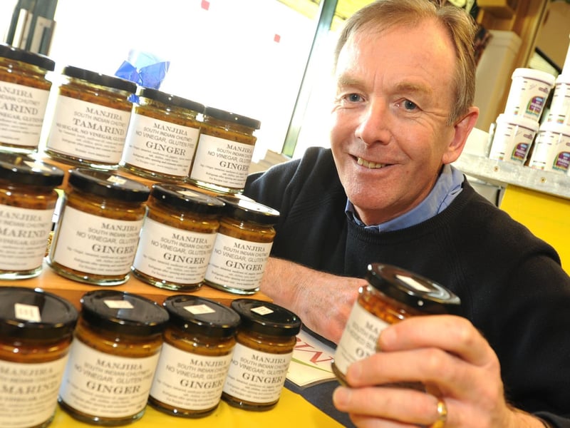 Ardingly Christmas Food and Drink Fest. Gerry Newell from Haywards Heath sells his Manjira Indian Chutneys