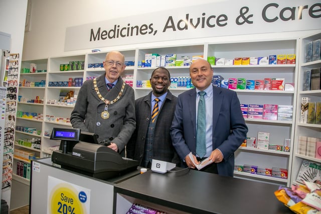 MP Andrew Griffith, mayor Tony Hunt and pharmacist Martin Chisanga at the opening