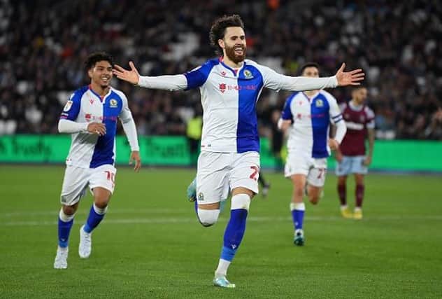 Ben Brereton Diaz of Blackburn Rovers celebrates after scoring their team's second goal during the Carabao Cup Third Round match against West Ham United