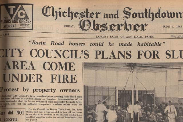 Headline from the Chichester Observer of June 1, 1962, concerning the city council’s slum clearance programme and the demolition of houses on Basin Road