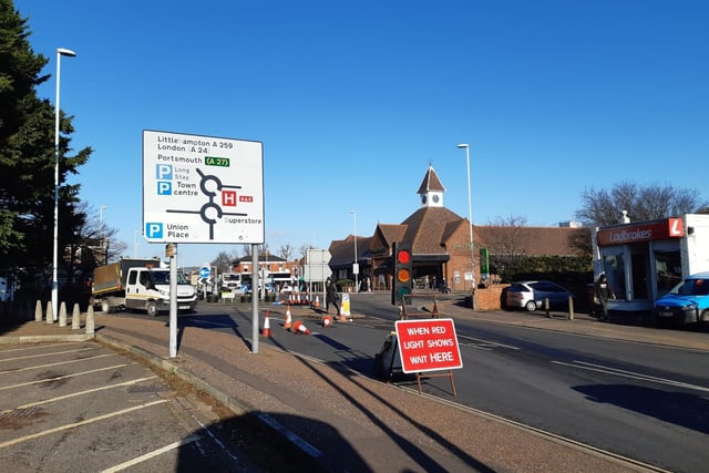 Four-way traffic lights have been installed at the Union Place roundabout today, including in the Waitrose car park