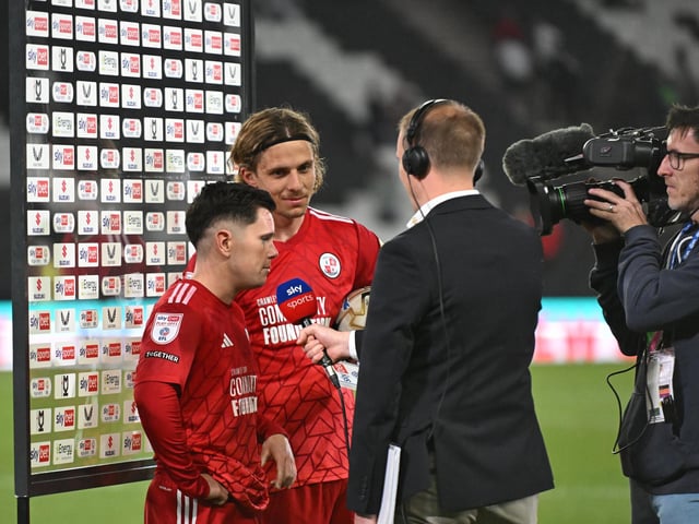 Crawley Town midfielder Liam Kelly (4) and Crawley Town forward Danilo Orsi (9) interviewed by Sky sports during the EFL Sky Bet League 2 play-off second leg match between Milton Keynes Dons and Crawley Town at stadium:mk, Milton Keynes, England on 11 May 2024.:Crawley Town hammered MK Dons 5-1 - and 8-1 on aggregate - to reach the League Two play-off final Wembley. Photographer Dennis Goodwin/Pro Sport Images was there to catch the action, the crowd and the celebrations
