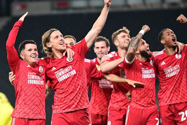 GOAL Crawley Town forward Danilo Orsi (9) scores a goal and celebrates with The Crawley Town players 1-3 during the EFL Sky Bet League 2 play-off second leg match between Milton Keynes Dons and Crawley Town at stadium:mk, Milton Keynes, England on 11 May 2024. | Picture: Dennis Goodwin