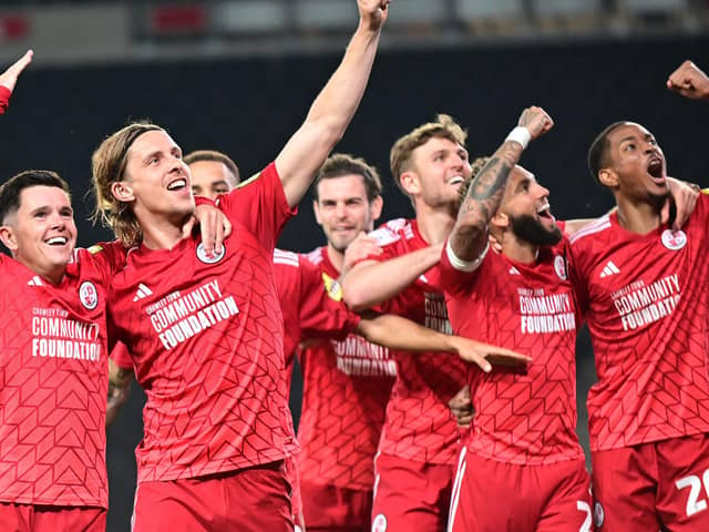 GOAL Crawley Town forward Danilo Orsi (9) scores a goal and celebrates with The Crawley Town players 1-3 during the EFL Sky Bet League 2 play-off second leg match between Milton Keynes Dons and Crawley Town at stadium:mk, Milton Keynes, England on 11 May 2024. | Picture: Dennis Goodwin