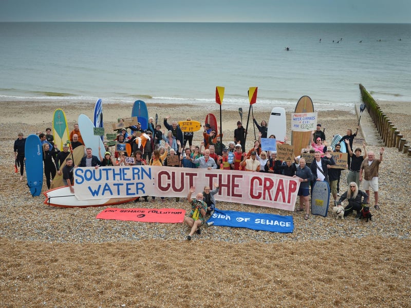 Surfers Against Sewage Paddle-Out protest in Hastings on May 18 2024.