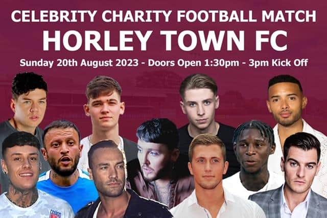 The celebrity football match takes place on Sunday, August 20, at Horley Town Football Club
