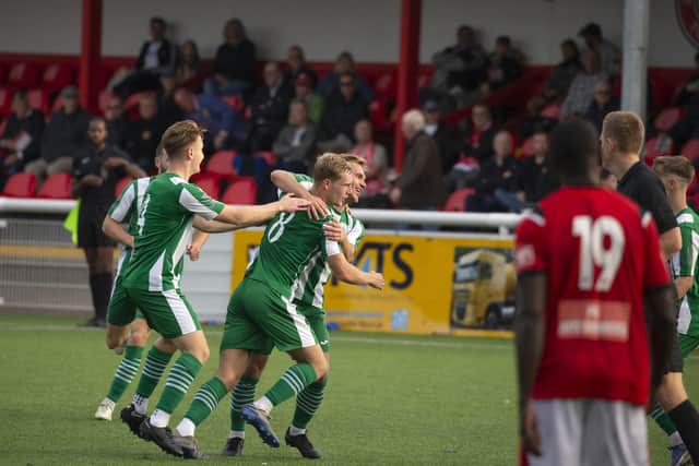 Chichester City celebrate taking the lead at Chatham | Picture: Neil Holmes