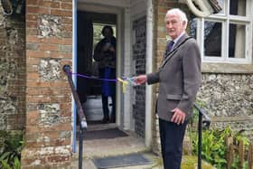 Chair John Pritchett BEM officially opening the restore Jevington Village Hall