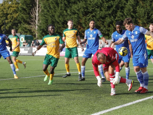 Action from Horsham's 2-0 home defeat to Bishop's Stortford in the Isthmian Premier on Saturday