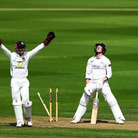 John Simpson of Sussex celebrates as Tom Prest of Hampshire is dismissed by James Coles as during the Rothesay County Championship Division 1 match between Sussex and Hampshire at Hove in June (Photo by Bryn Lennon/Getty Images)