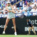 Katie Boulter of Great Britain plays a backhand against Petra Martic of Croatia in the Women's Singles First Round match during Day Four of the Rothesay International Eastbourne at Devonshire Park | Photo by Harriet Lander/Getty Images for LTA