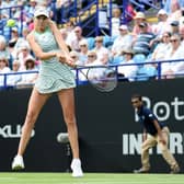 Katie Boulter of Great Britain plays a backhand against Petra Martic of Croatia in the Women's Singles First Round match during Day Four of the Rothesay International Eastbourne at Devonshire Park | Photo by Harriet Lander/Getty Images for LTA