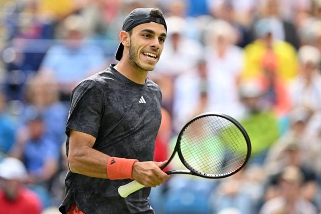 Argentina's Francisco Cerundolo reacts while playing US player Tommy Paul during their men's singles final tennis match at the Rothesay Eastbourne International tennis tournament in Eastbourne, southern England, on July 1, 2023. (Photo by Glyn KIRK / AFP) (Photo by GLYN KIRK/AFP via Getty Images):Action from Saturday's finals at the Rothesay tennis international at Devonshire Park, Eastbourne