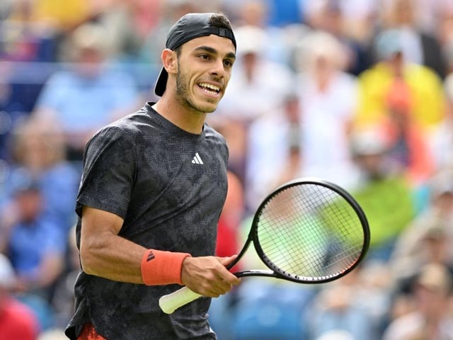 Argentina's Francisco Cerundolo reacts while playing US player Tommy Paul during their men's singles final tennis match at the Rothesay Eastbourne International tennis tournament in Eastbourne, southern England, on July 1, 2023. (Photo by Glyn KIRK / AFP) (Photo by GLYN KIRK/AFP via Getty Images):Action from Saturday's finals at the Rothesay tennis international at Devonshire Park, Eastbourne