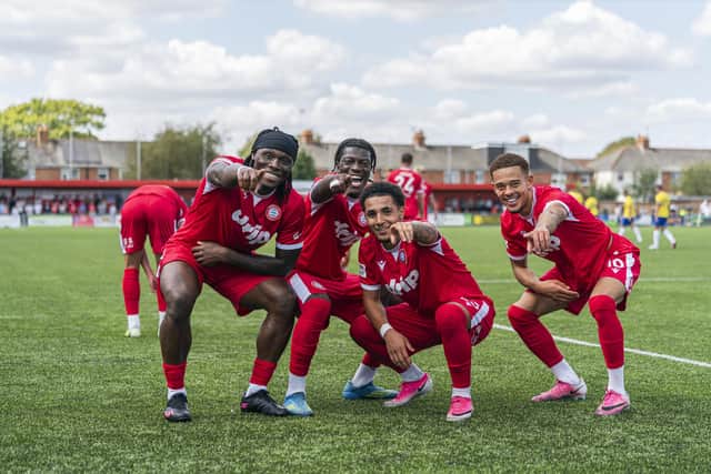 Worthing players celebrate after Ramell Carter's opener - and winner - versus Wealdstone | Picture by Jay Wrighte