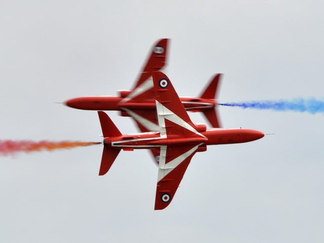 The Red Arrows display team in their 60th year at Eastbourne International Airshow today as the town celebrate their 30th year of Airbourne (Photo by Jon Rigby)