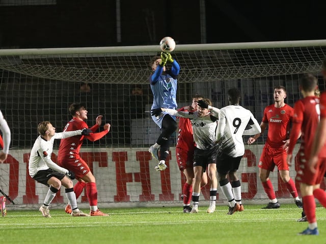 Action from Worthing's 3-1 home loss to Weymouth in National League South