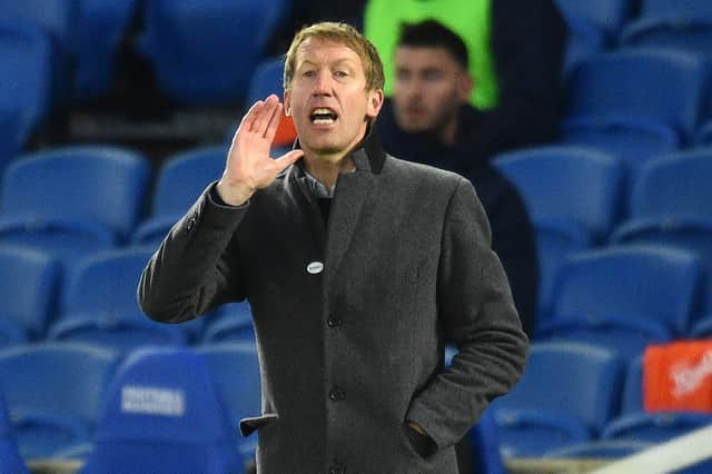 Brighton manager Graham Potter gestures on the touchline during the English FA Cup fourth round football match against Blackpool at the American Express Community Stadium.