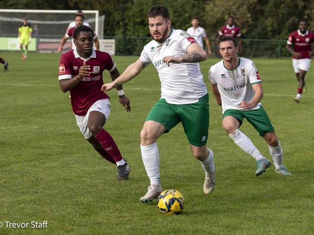 Action from the Isthmian Premier Division match between Potters Bar Town and Bognor Regis Town. Pictures by Lyn and Trevor Phillips