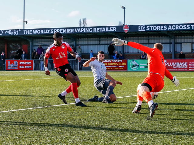 Action from Eastbourne Borough's 2-0 Ntional League South win against Slough Town at Priory Lane