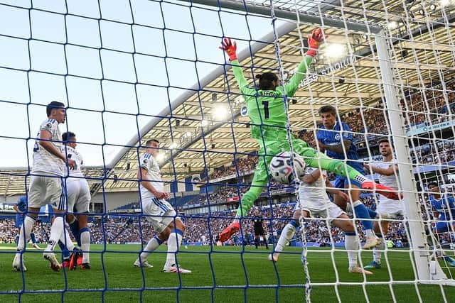 Luka Vuskovic, a £50m Croatian defender, rose at the back post, to head home Maxim De Cuyper’s corner, against Leeds United. (Photo by Mike Hewitt/Getty Images)