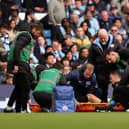 Solly March, who has been Brighton’s emergency left-back, had to be stretchered off the pitch after suffering a serious-looking ankle injury at Manchester City. (Photo by Charlotte Tattersall/Getty Images)