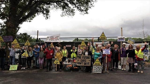 Demonstrators at the South Downs site of the UKOG drilling site at Broadford Bridge, West Chiltington