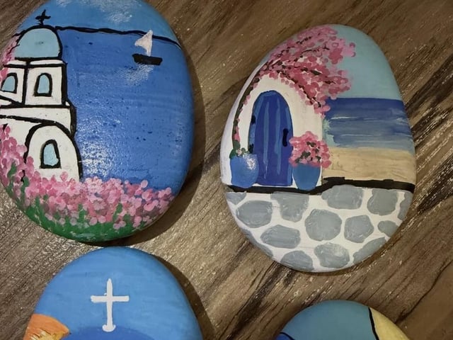 Santorini inspired rock painting in Thira, Greece