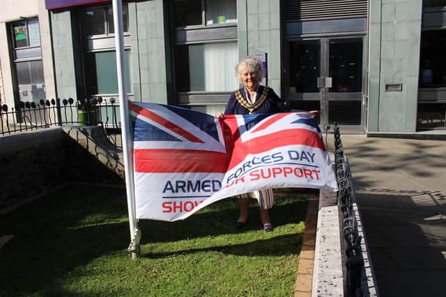 Horsham District Council chairman Kate Rowbottom raised the flag ahead of Armed Forces Day