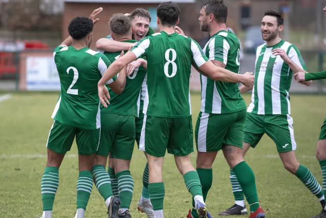 Chichester City celebrate a goal at Three Bridges, where it ended 2-2 | Picture: Neil Holmes