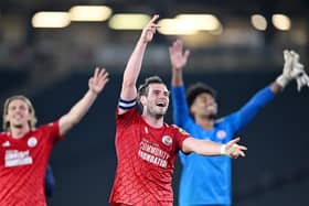 Dion Conroy of Crawley Town celebrates after the Sky Bet League Two Play-Off Semi-Final 2nd Leg match between Milton Keynes Dons and Crawley Town at Stadium mk on May 11, 2024 in Milton Keynes, England. (Photo by Harriet Lander/Getty Images)