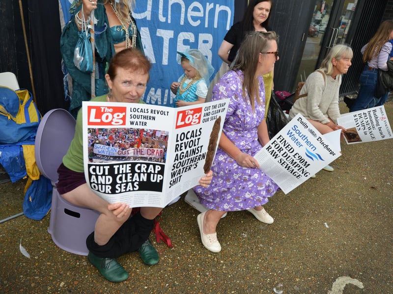Protest outside Southern Water's Your Water Matters event in Hastings Old Town on October 12 2023.