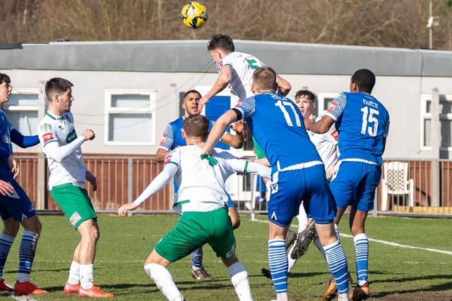 The Rocks win an aerial ball at Stortford | Picture: Trevor Staff