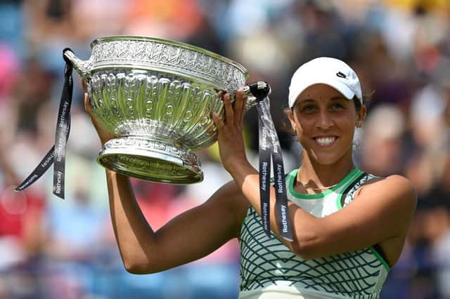 EASTBOURNE, ENGLAND - JULY 01: Madison Keys of United States celebrates with the winner's trophy after victory against Daria Kasatkina during the Women's Singles Final match on Day Eight of Rothesay International Eastbourne at Devonshire Park on July 01, 2023 in Eastbourne, England. (Photo by Justin Setterfield/Getty Images):Action from Saturday's finals at the Rothesay tennis international at Devonshire Park, Eastbourne