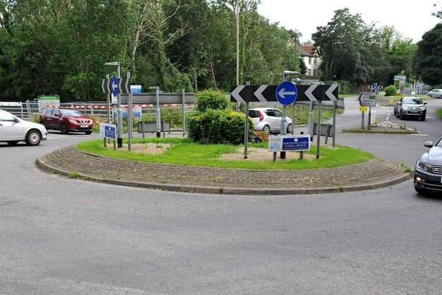 The roundabout on the Fairbridge Way junction of Isaac’s Lane (A273) with Cuckfield Road (B2036) Burgess Hill
