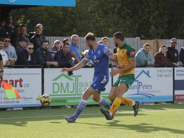 Action from Horsham's 2-0 home defeat to Bishop's Stortford in the Isthmian Premier on Saturday
