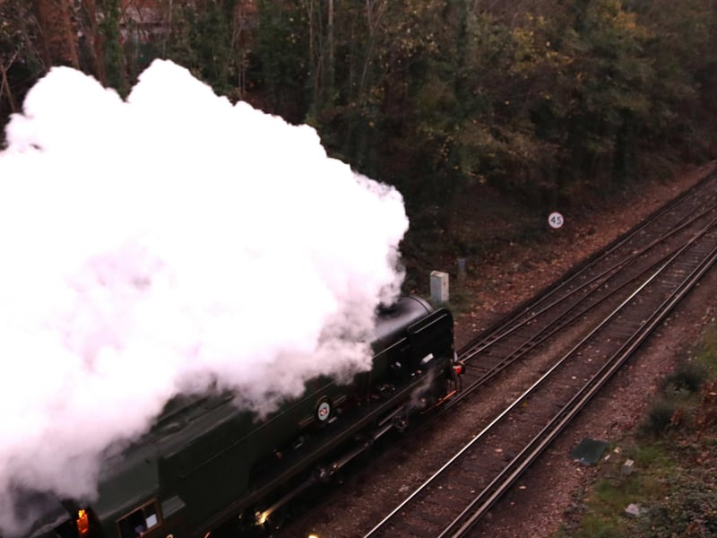 The Christmas Sussex Belle, Merchant Navy Class 35028 Clan Line, leaves Hastings Railway Station on November 19 2025. Pic by Kevin Boorman.