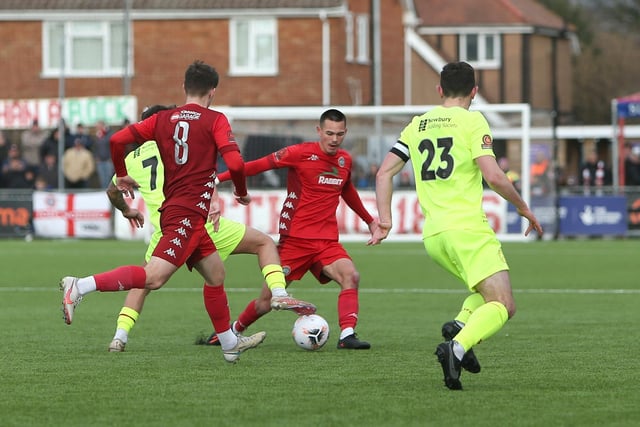 Action from Worthing FC's 2-1 win over Hungerford at Woodside Road