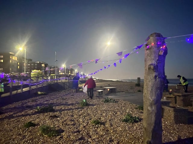 Bexhill Beach Garden illuminated purple for World Polio Day