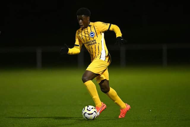 Nehemiah Oriola in action during the FA Youth Cup third round match between Newcastle United and Brighton & Hove Albion at Whitley Park on December 9, 2024. (Photo by Stu Forster/Getty Images)