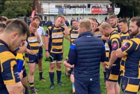 Eastbourne RFC head coach Mayy Pysden gives his troops a pep talk