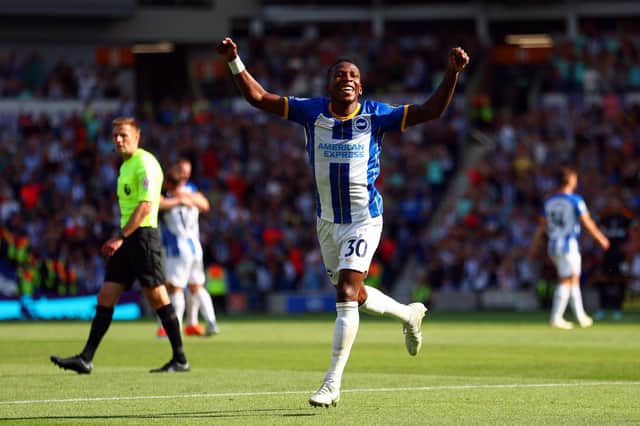 BRIGHTON, ENGLAND - AUGUST 27: Pervis Estupinan of Brighton & Hove Albion reacts during the Premier League match between Brighton & Hove Albion and Leeds United at American Express Community Stadium on August 27, 2022 in Brighton, England. (Photo by Bryn Lennon/Getty Images)