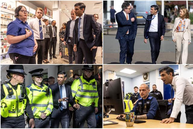 Prime Minister Rishi Sunak speaks with members of staff in a Boots store during a visit in Horsham. (Photo by RICHARD POHLE/POOL/AFP via Getty Images)