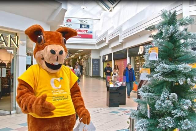 Sidney the squirrel at Swan Walk Shopping Centre's Give Mass Tree for Chestnut Tree House children's hospice
